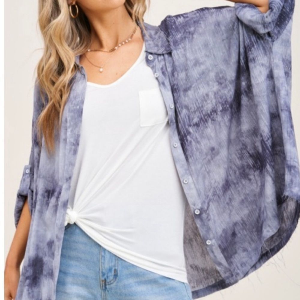 Gray Oversized Button Down Tie Dye Raw Edge Shirt